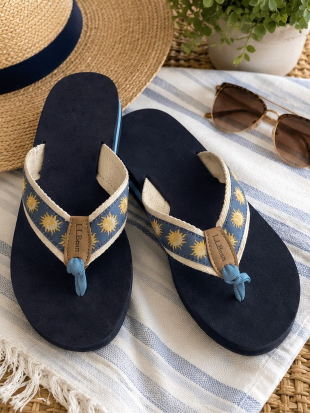 L.L. Bean Navy Suede Flip Flops with Sun-Print Straps